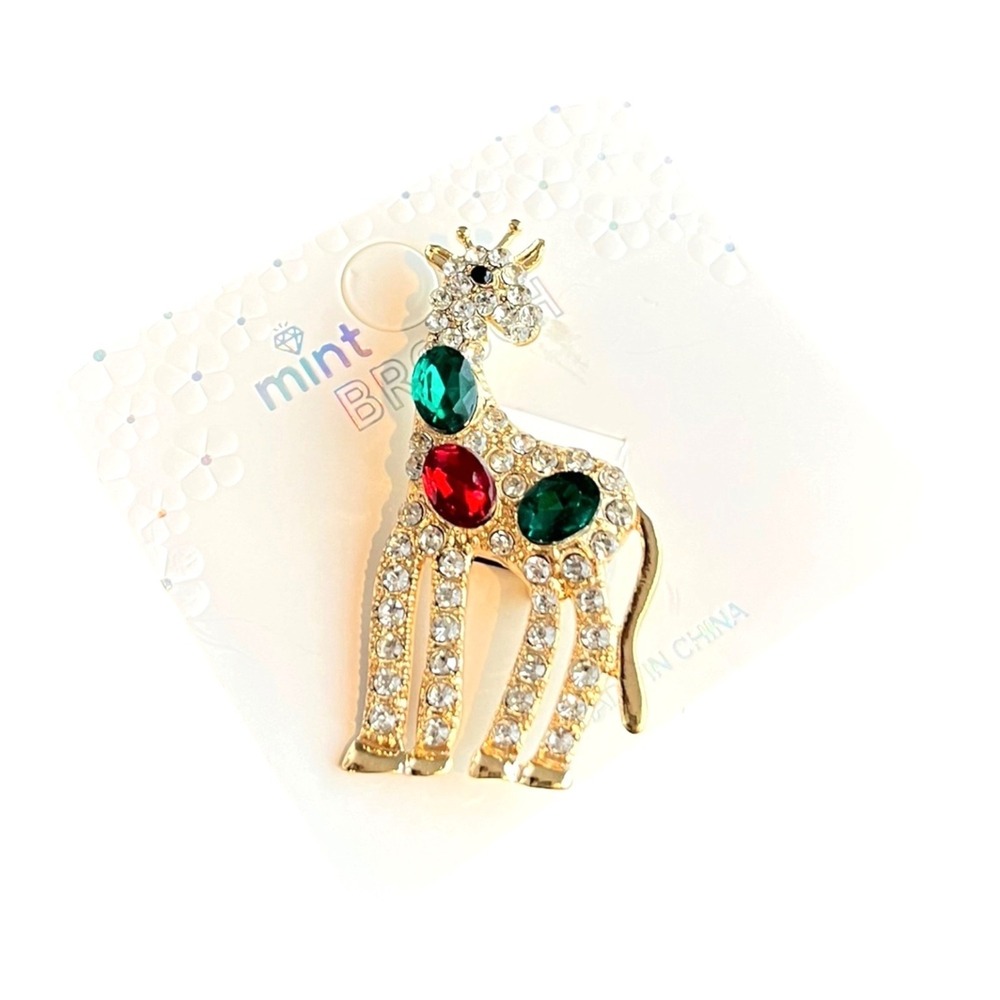 Giraffe Brooch Pin 2" Gold Tone Rhinestone Red Green Clear Animal Figural